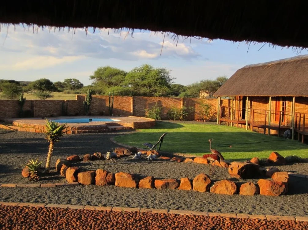 An overview of the manicured lawn, swimming pool, and thatched chalets at a private safari lodge
